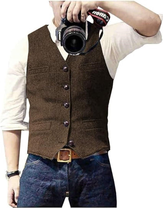 Dluxe Ave. (3X- LARGE) Mens Suit Vests/ Wool Tweed/ V Neck Slim Fit/ Waistcoat/ Coffee