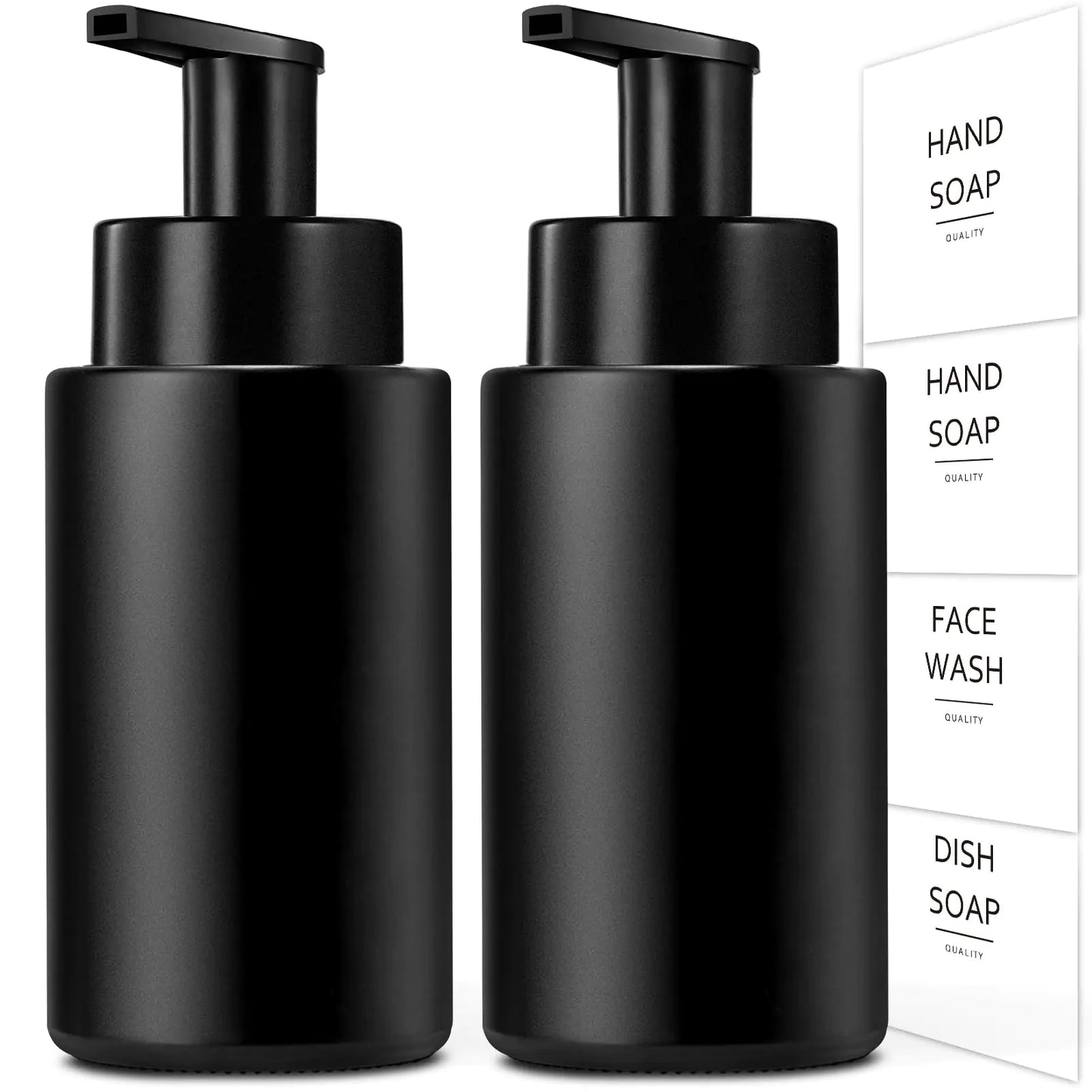 Dluxe Ave. Foaming Hand Soap Dispenser, 10 oz/350ml Glass, 2 Pcs, Refillable Soap Dispenser Pump with Waterproof Labels, (Matte Black)