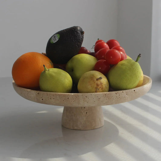 Dluxe Ave. Natural Travertine Fruit Bowl for Kitchen Counter 10.2" Large  Bowl Pedestal