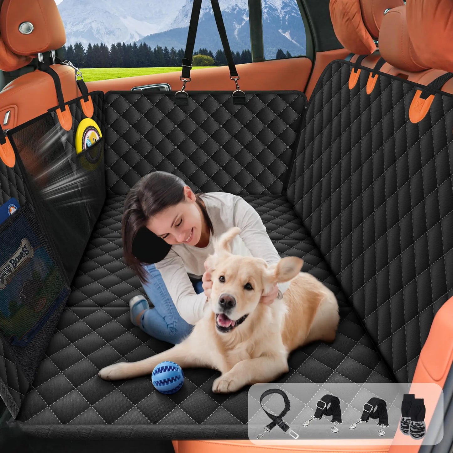 Dluxe Ave.  Back Seat Extender for Dogs-Supports Waterproof Dog Car Seat Cover Hard Bottom-Detachable 600D Heavy Duty Scratch Proof Nonslip Soft Dog Hammock for Car SUV Truck (Holds 450lbs)