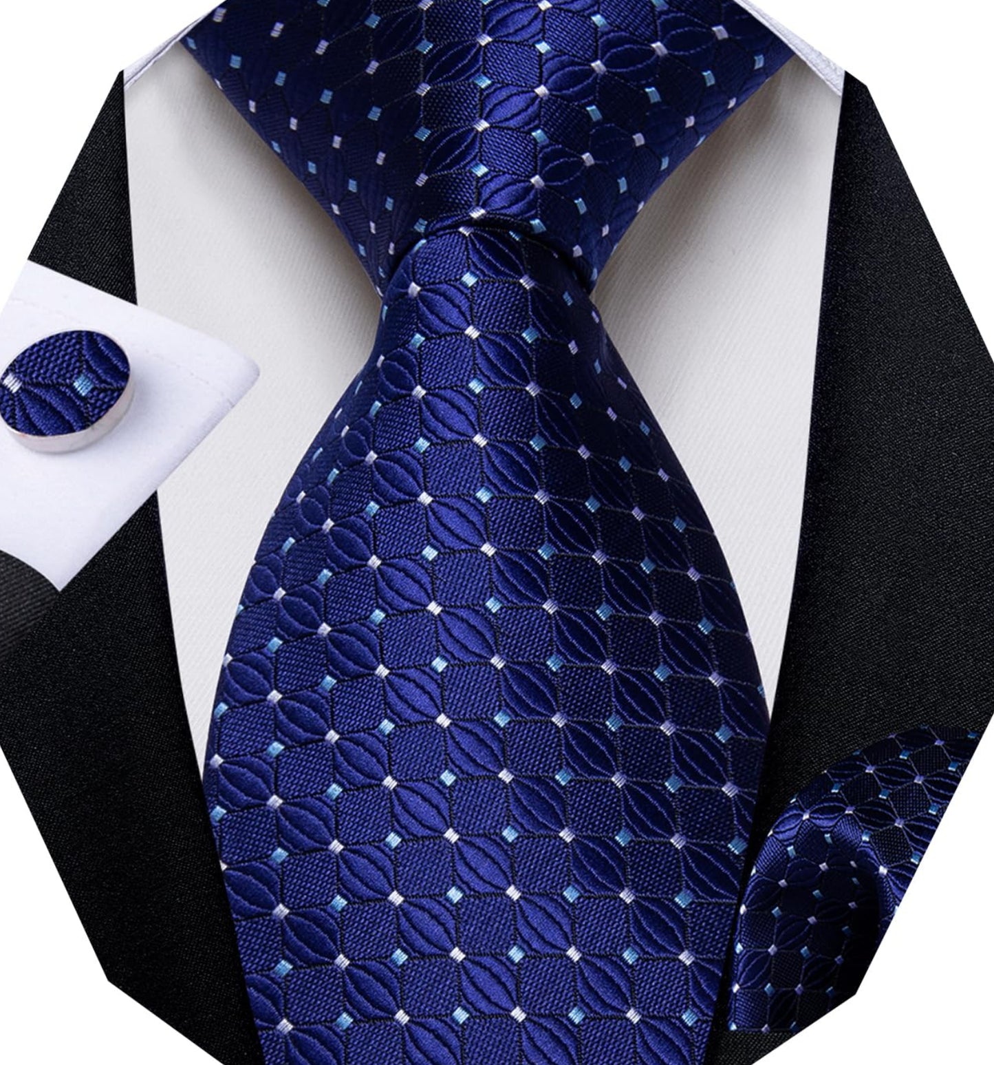 Dluxe Ave. Blue Dot Plaid Checkered Tie Handkerchief Woven Classic Formal Mens Necktie & Pocket Square Set