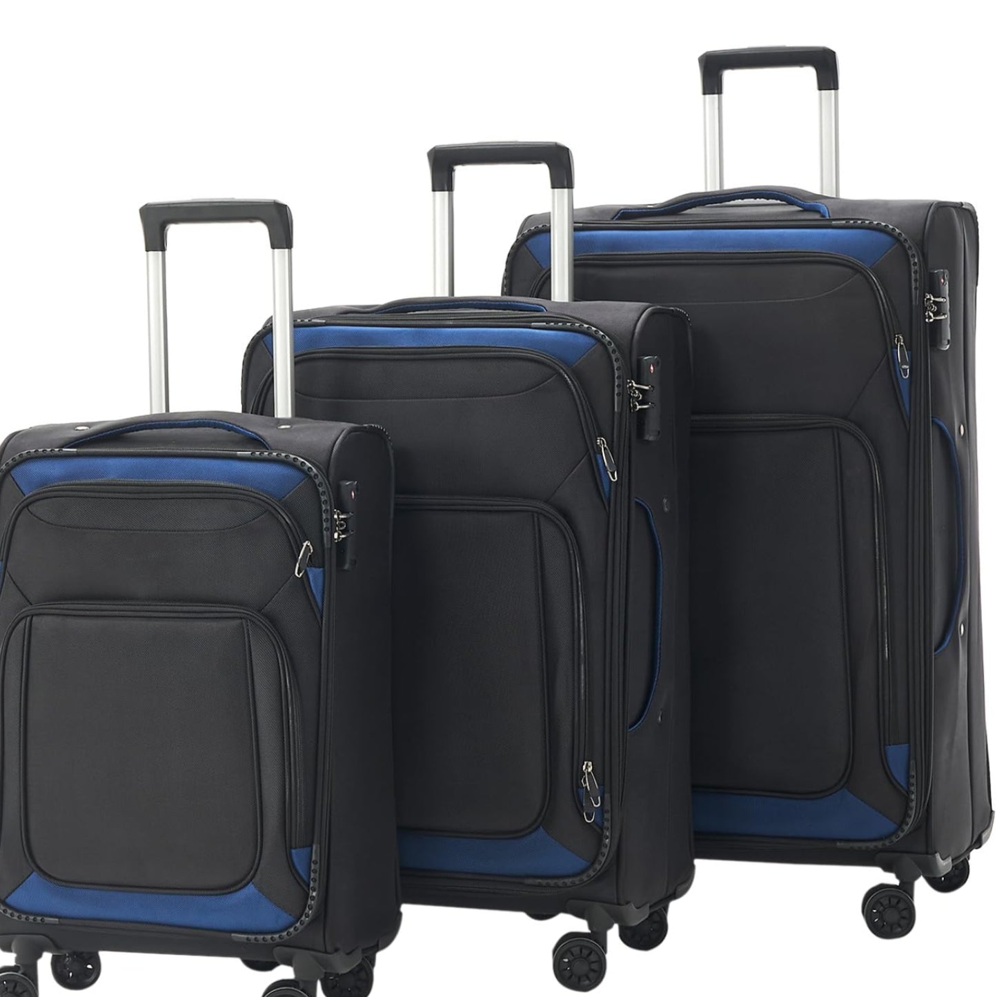 Dluxe Ave. 3 Pcs Softside Luggage Sets/Spinner Wheels/Lightweight Suitcase With Expandable/ TSA Lock/  (Black Blue)