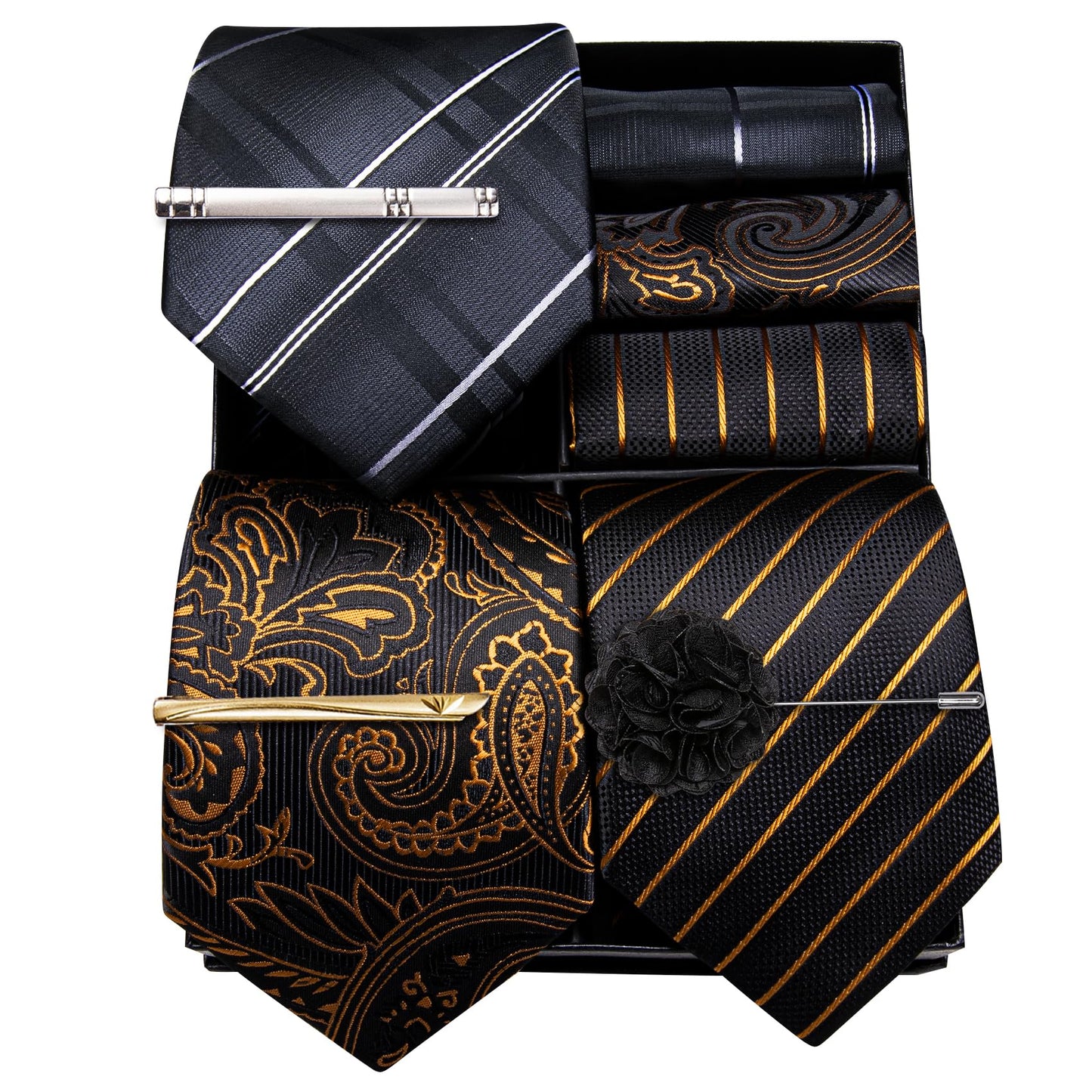 Dluxe Ave. Mens Gift Box Tie Set 3PCS Silk Stripe Paisley Necktie Pocket Square Cufflinks Lapel Pin