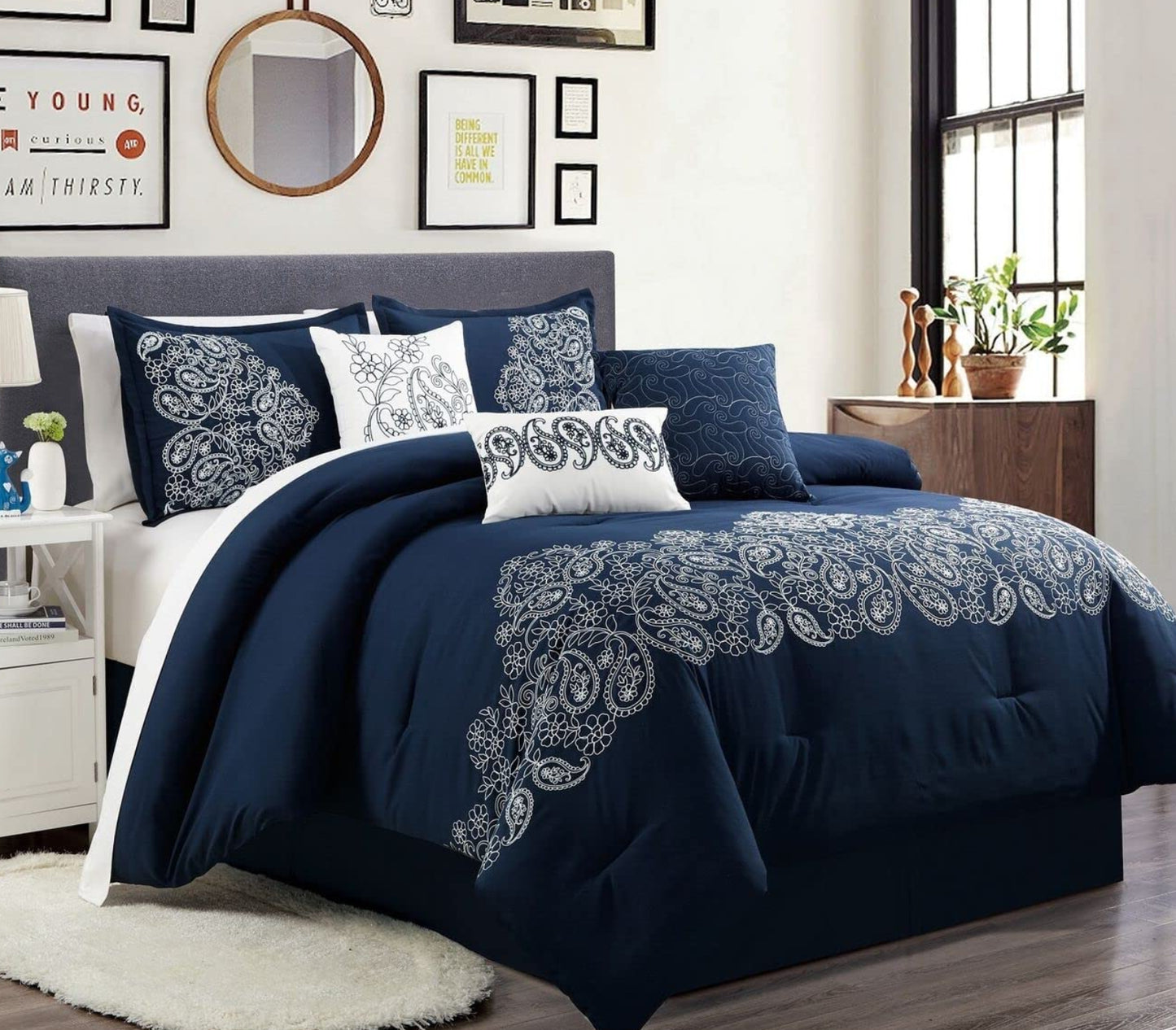 Out of Stock Dluxe Ave. ( KING ) 7 Pcs Navy/White Paisley Floral Scroll Embroidered Comforter Set