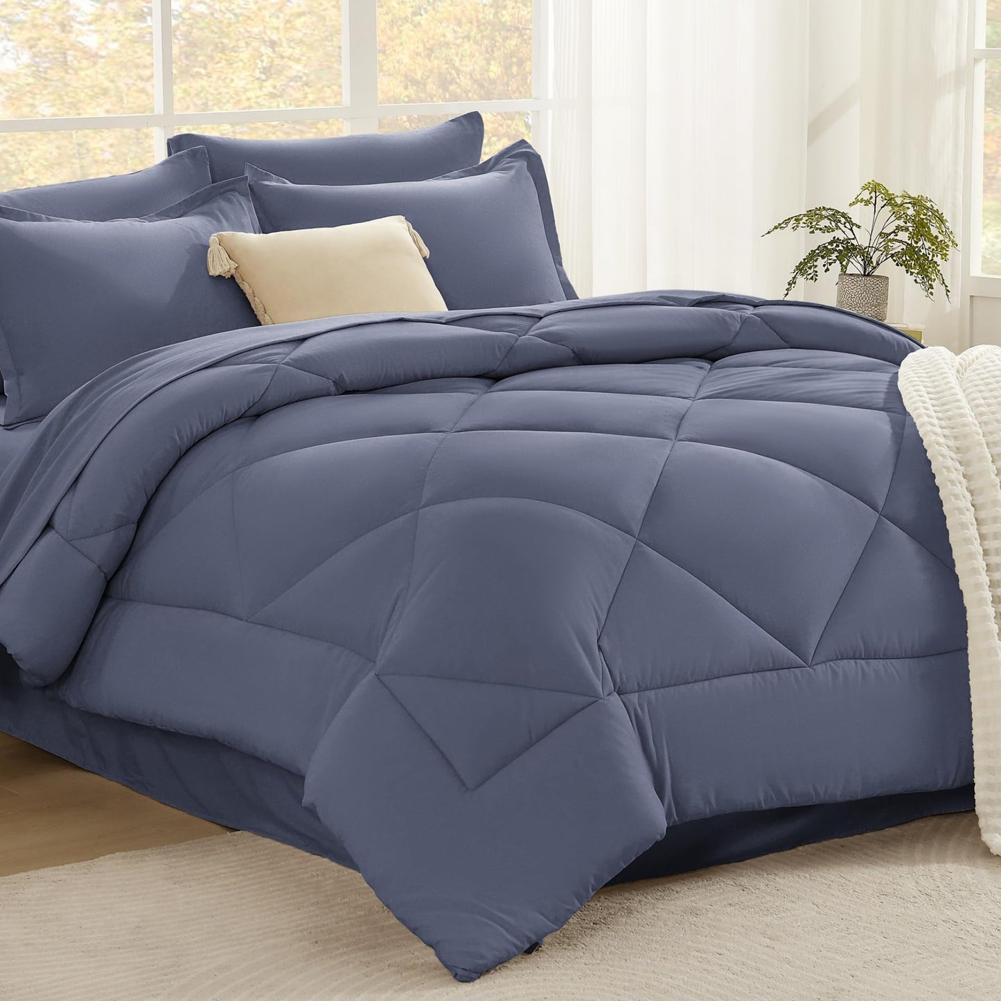Dluxe Ave. ( KING ) 7 Pcs Comforter Set with Sheets/ Bed in a Bag Bedding, Lightweight Reversible/ Dark Blue Grey