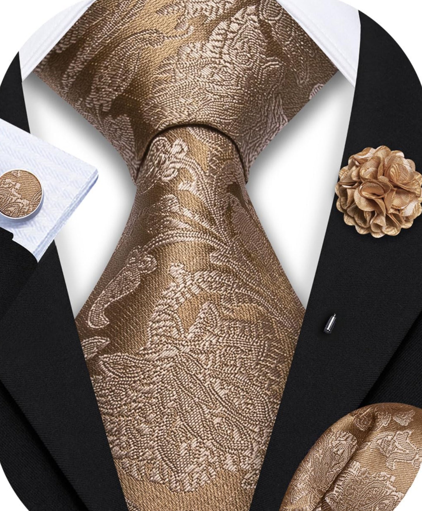 Dluxe Ave. Brown Clip on Tie with Lapel Pin for Men Floral Zipper Extra Long Pre-Tied Necktie Pocket Square