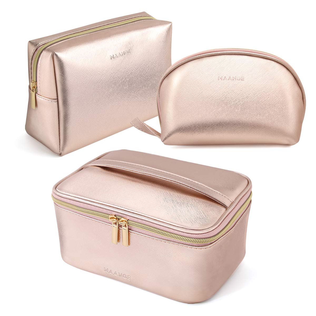 Dluxe Ave. 3 Pcs Large Travel Cosmetic Bag Organizer with Gold Zipper/ Waterproof Toiletry / Rose Gold