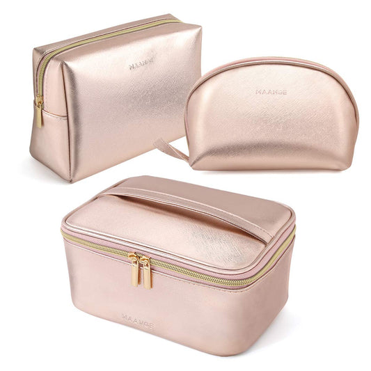 Dluxe Ave. 3 Pcs Large Travel Cosmetic Bag Organizer with Gold Zipper/ Waterproof Toiletry / Rose Gold