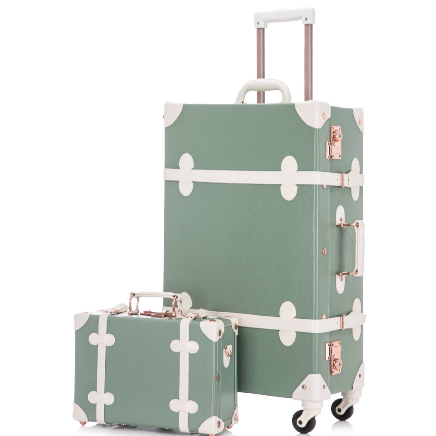 Dluxe Ave. 2 Piece Vintage Suitcase Set 26" with 12" Train Case/ Hardside/ Faux Leather/ Spinner Wheels/TSA Lock/ (Matcha Green)