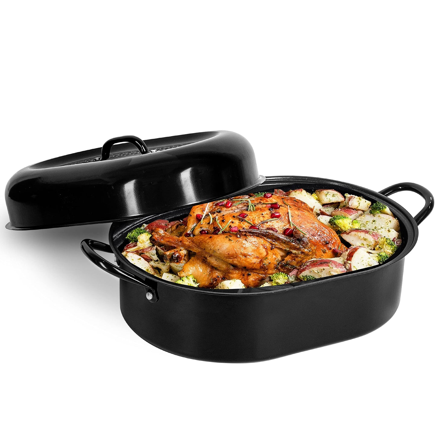 Dluxe Ave. Granite Stone Oval Roaster Pan Small 16” Ultra Nonstick Roasting Pan with Lid