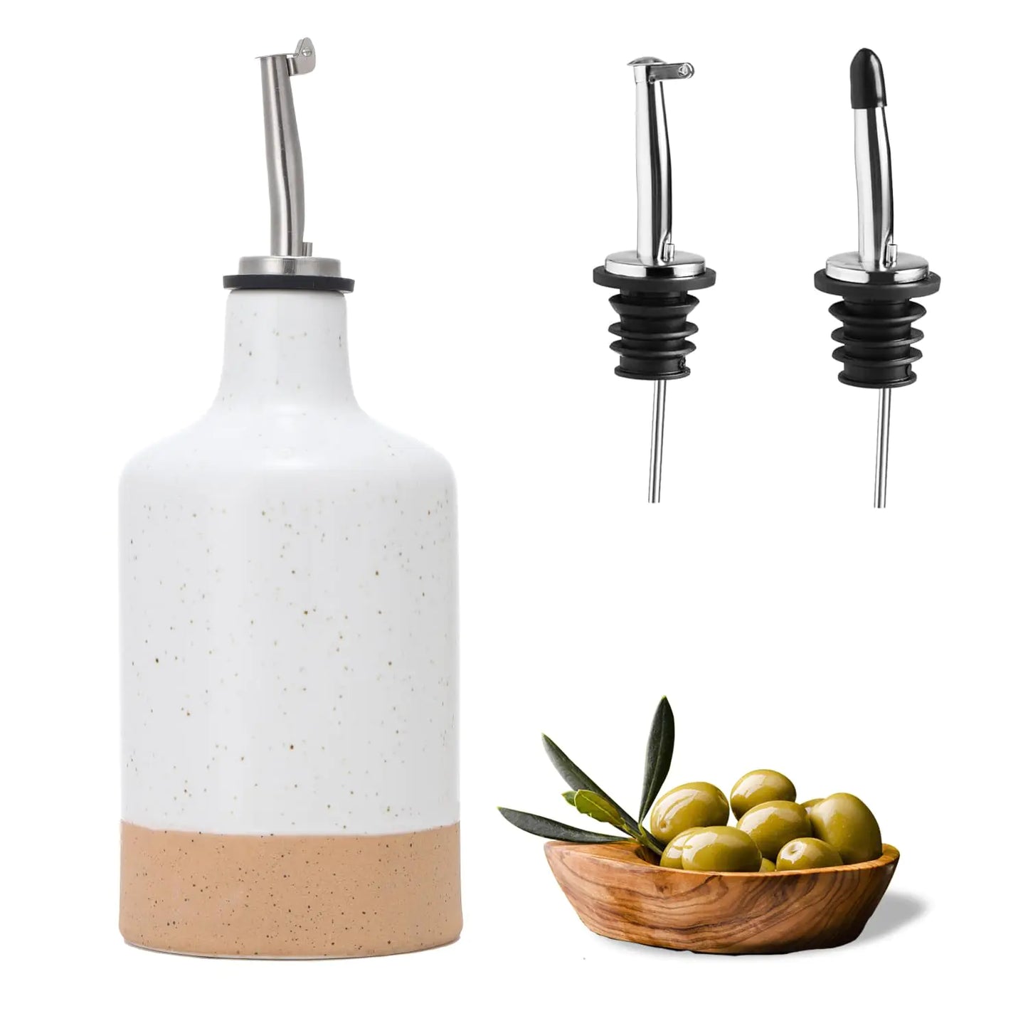 Dluxe Ave. Ceramic Olive Oil Dispenser Bottle Oil Dispenser for Kitchen 16oz Oil Bottle for Kitchen Oil Container Kitchen Oil Dispenser for Oil Vinegar Syrups(White&Brown
