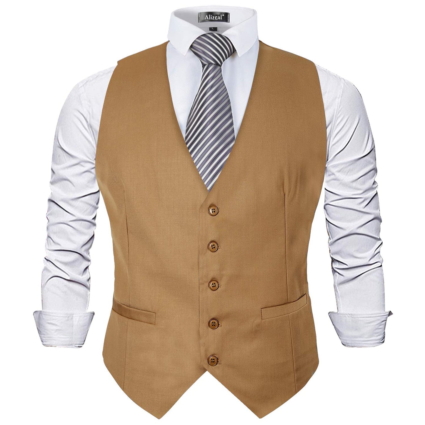 Dluxe Ave. (MEDIUM) Mens Classic Solid Color Formal Business Suit Vest/ Regular Fit Waistcoat with 5 Buttons/ Khaki