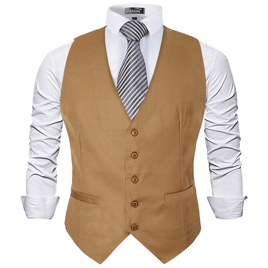 Dluxe Ave. Out of Stock (MEDIUM) Mens Classic Solid Color Formal Business Suit Vest/ Regular Fit Waistcoat with 5 Buttons/ Khaki
