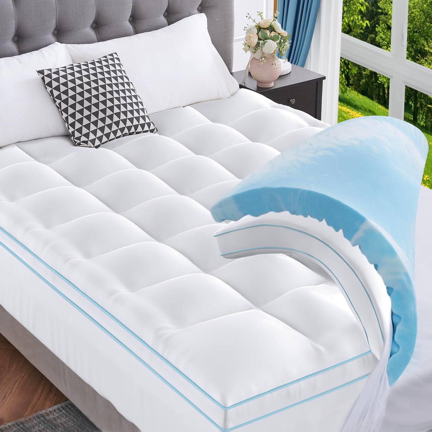 Dluxe Ave. ( QUEEN) 4 Inch Dual Layer Mattress Topper, 2 Inch Gel Foam, Plus 2 Inch Down Alternative Pillow Top