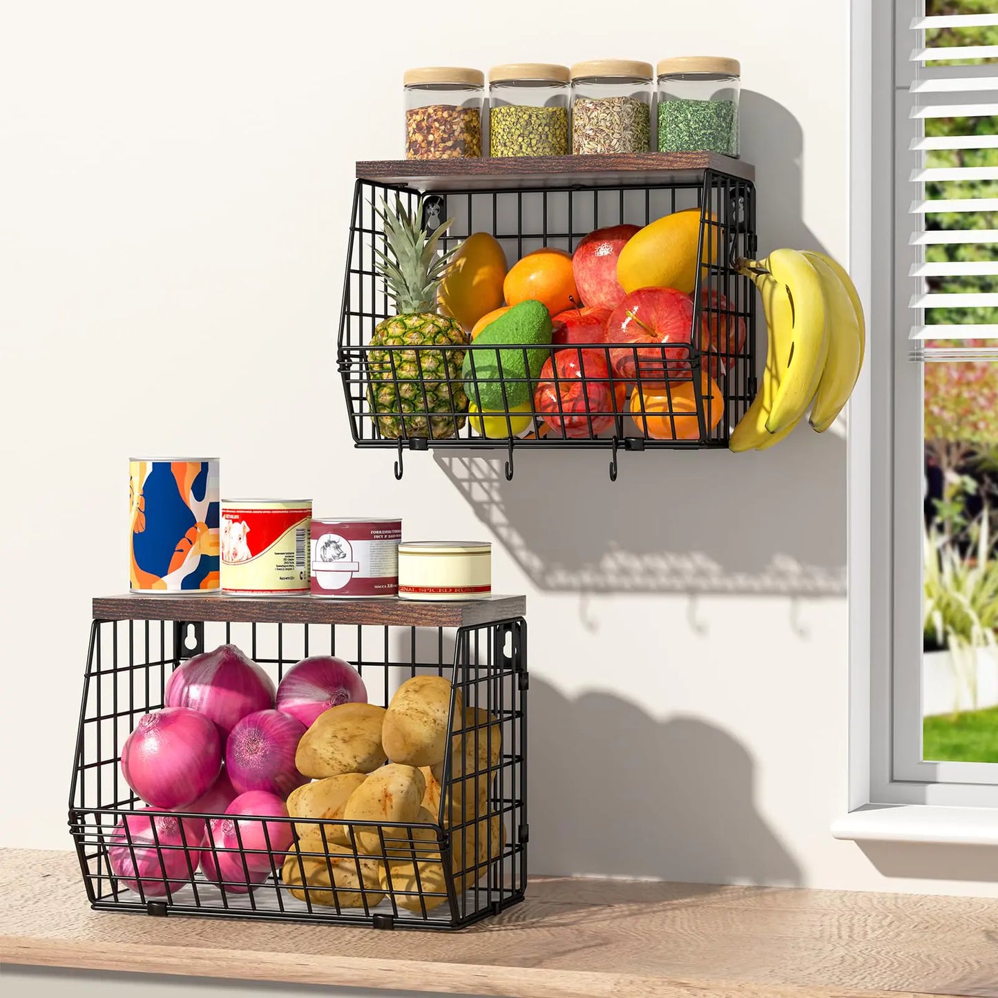 Dluxe Ave.  2 Tier Stackable Wall Mounted Hanging Wire Baskets with Wood Lid/ 4 Banana Hanger Hooks