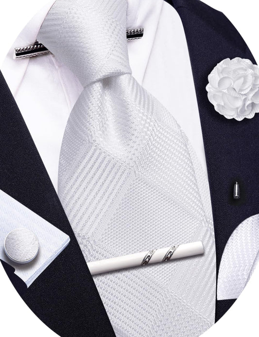 Dluxe Ave. Tie Sets Man Silk Solid Plaid Woven Necktie for Men Collar Pin Pocket Square Cufflinks