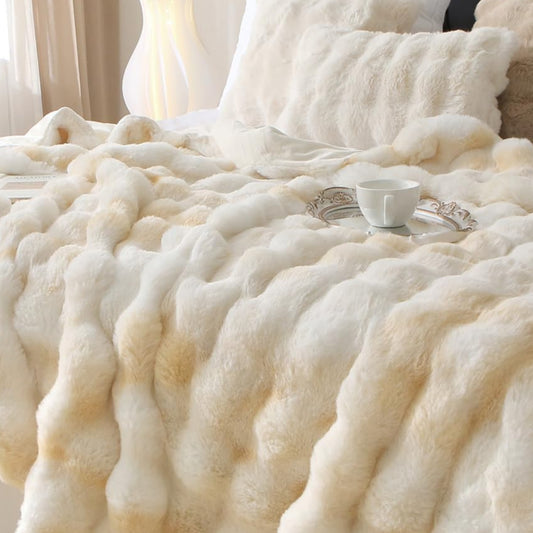 Dluxe Ave. (TWIN ) Luxury Thick Plush Faux Rabbit Fur Throw Blanket, Ultra-Plush Cozy Soft,( Beige)60"x80