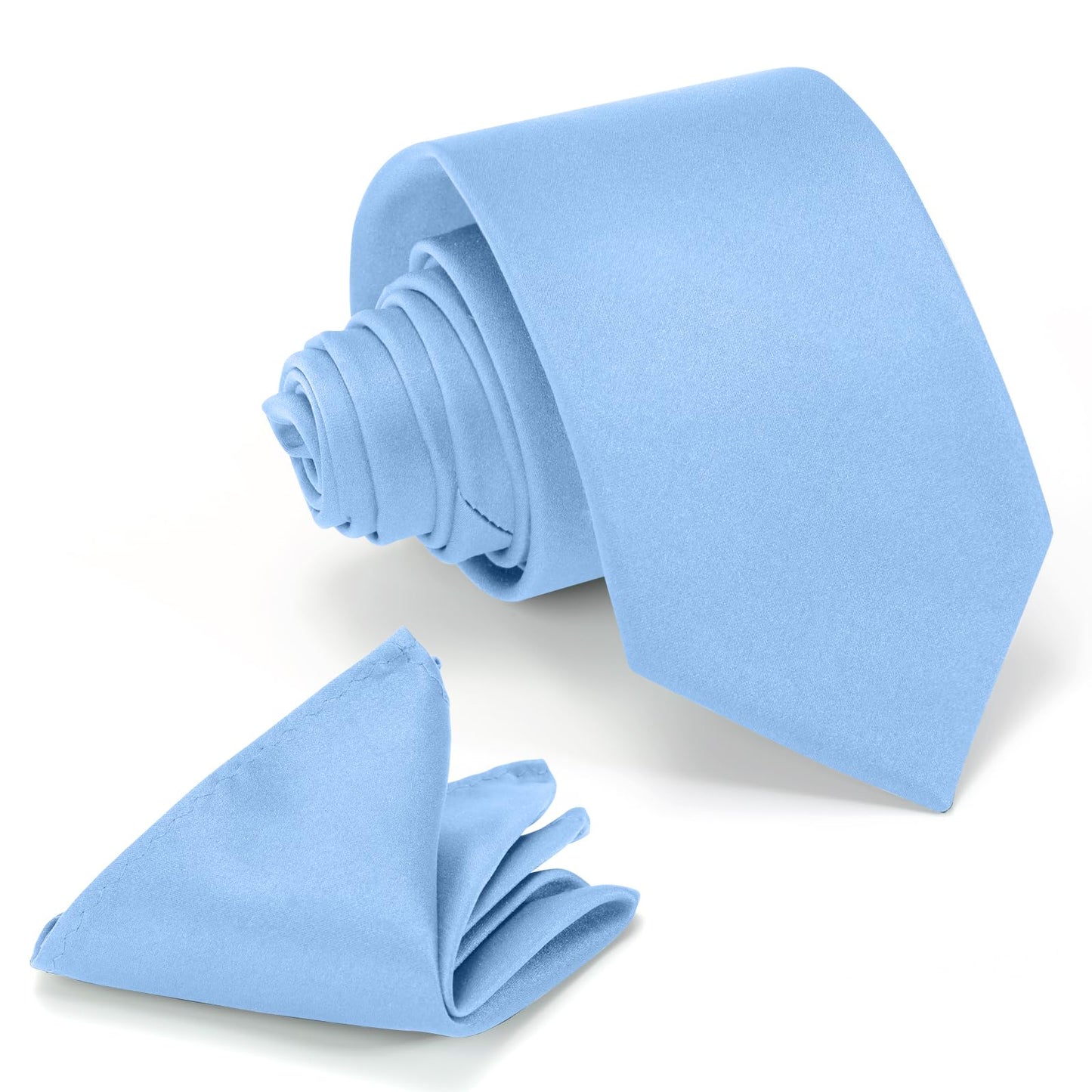 Dluxe Ave. Mens Tie Set Solid Color 3.15" (8CM) Light Blue Formal Necktie and Pocket Square Set
