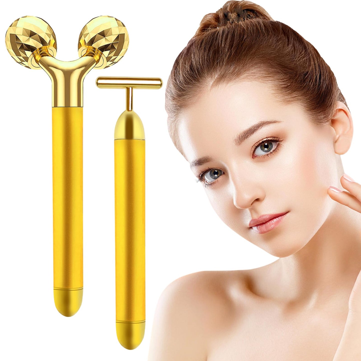 Dluxe Ave. Face Massager Electric Skin Care Tool 24k Golden T Shape Beauty Bar & 3D Roller Massager Vibration Facial Lifting and Body Treatment Tool Kit Reduce Puffiness Improve Wrinkles Anti Aging Device