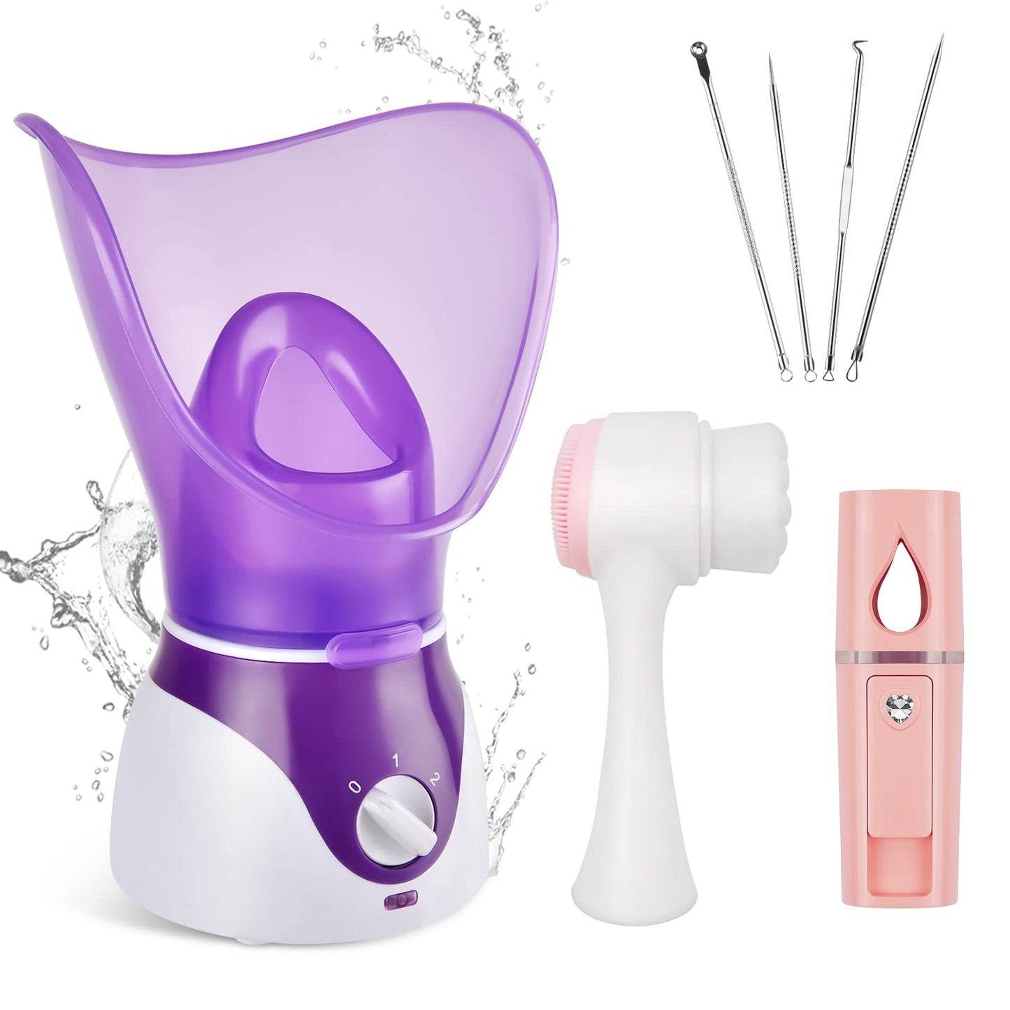 Dluxe Ave. Crybeno Facial Steamer for Face Nano Ionic Face Steamer for Facial Deep Cleaning Hot Mist Face Humidifier Set for Women Men Moisturizing Cleansing Pores with Blackhead Remover Kit Purple