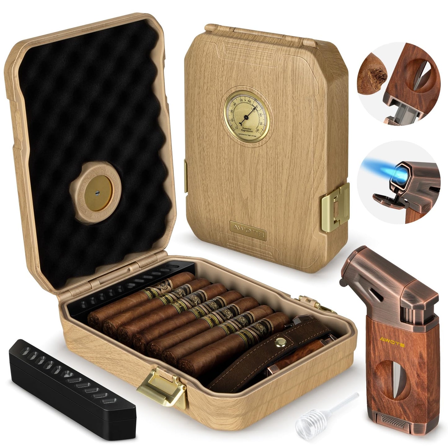 Dluxe Ave. Travel Cigar Humidor Cigar Case with Cigar Lighter Cedar Lined Cigar Box V Cut Cigar Cutter Portable Cigar Humidor with Humidifier