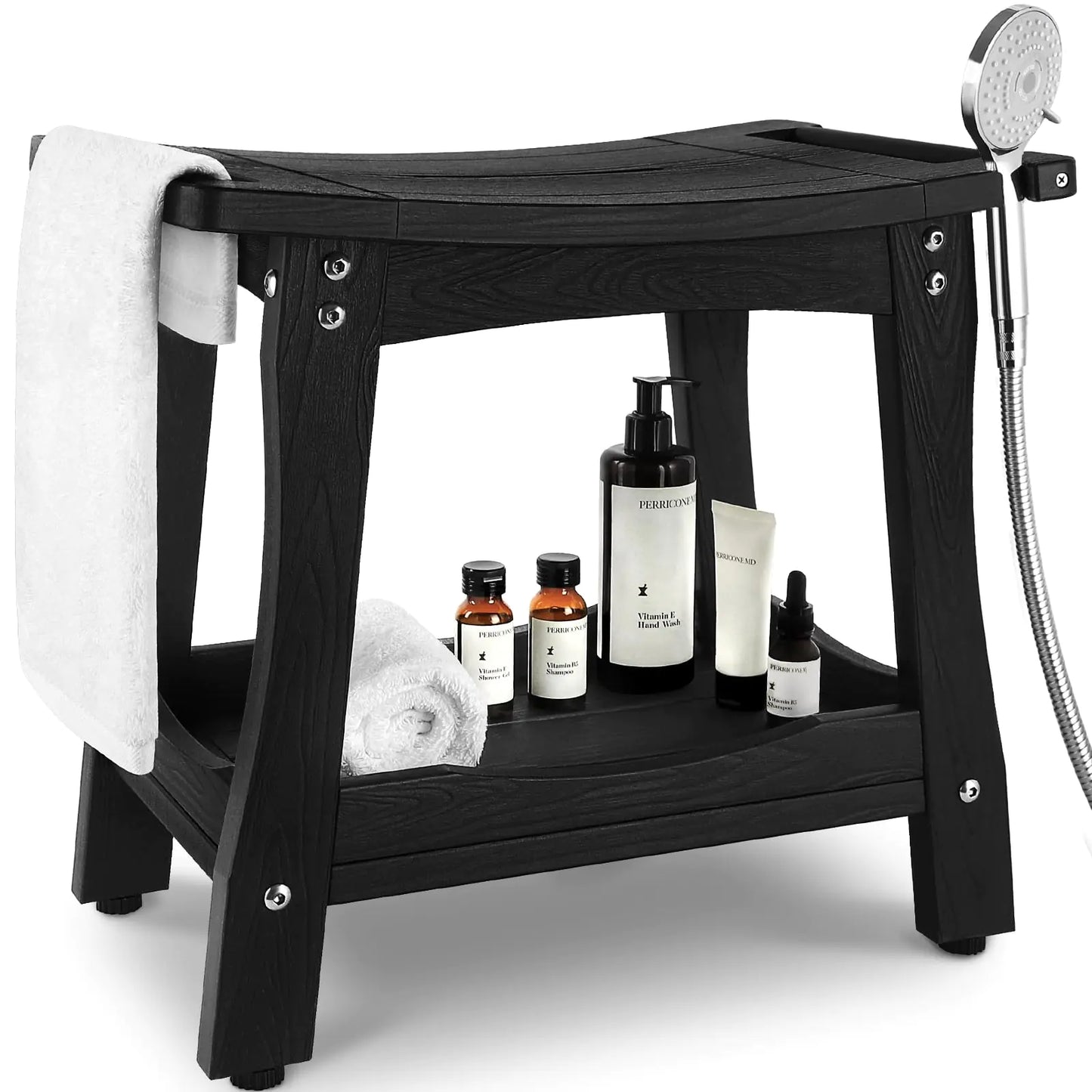 Dluxe Ave. 2-Tier Bathroom Shower Bench with Waterproof Storage Shelf/ Towel & Shower Head Shelves, Curved Seat, Small (Black)