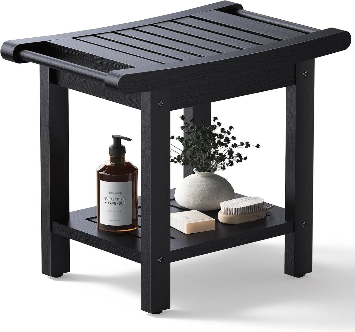 Dluxe Ave. Lumber Shower Bench/ Large 22" x 13"/ Waterproof, with Handles & Storage Shelf (Black)