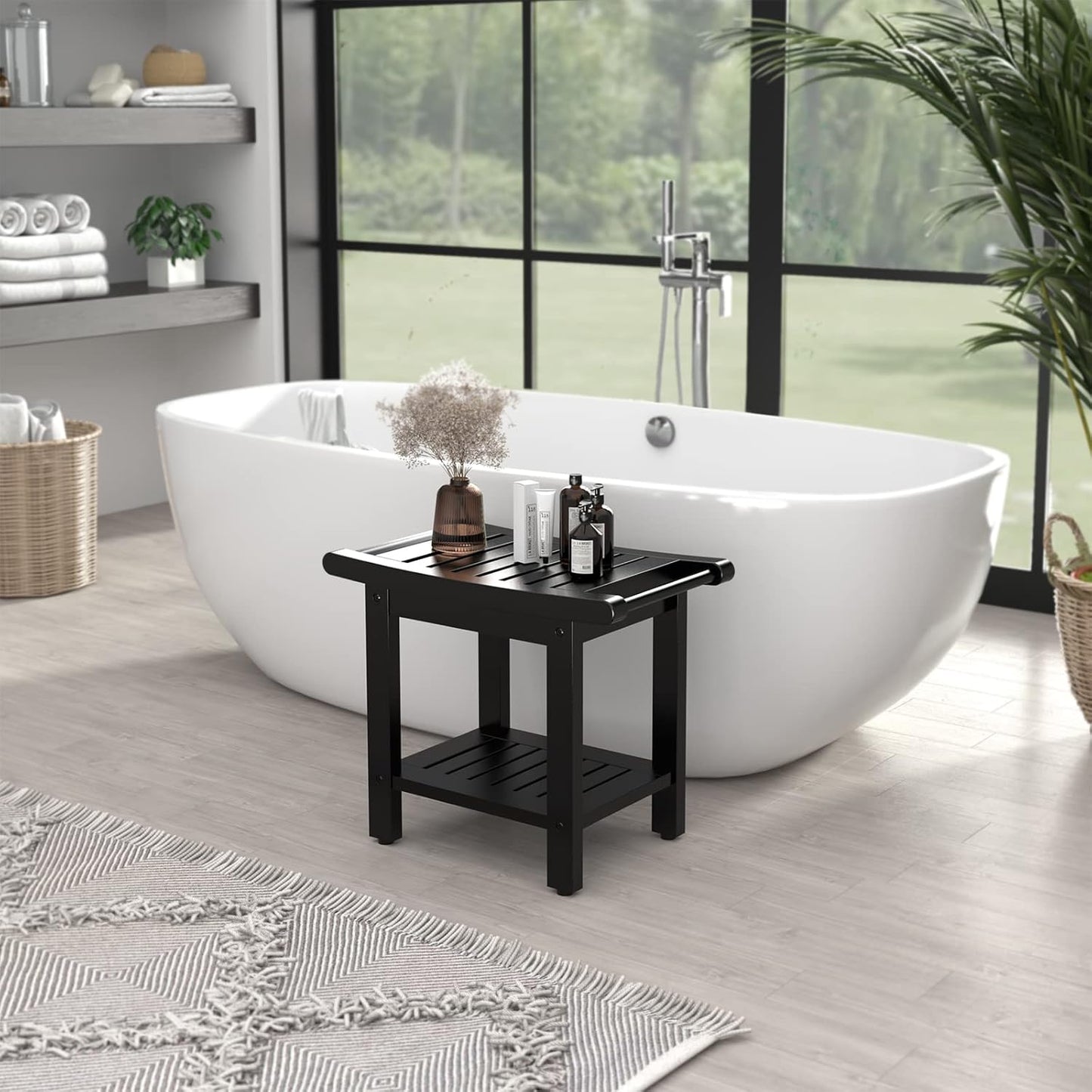 Dluxe Ave. Lumber Shower Bench/ Large 22" x 13"/ Waterproof, with Handles & Storage Shelf (Black)