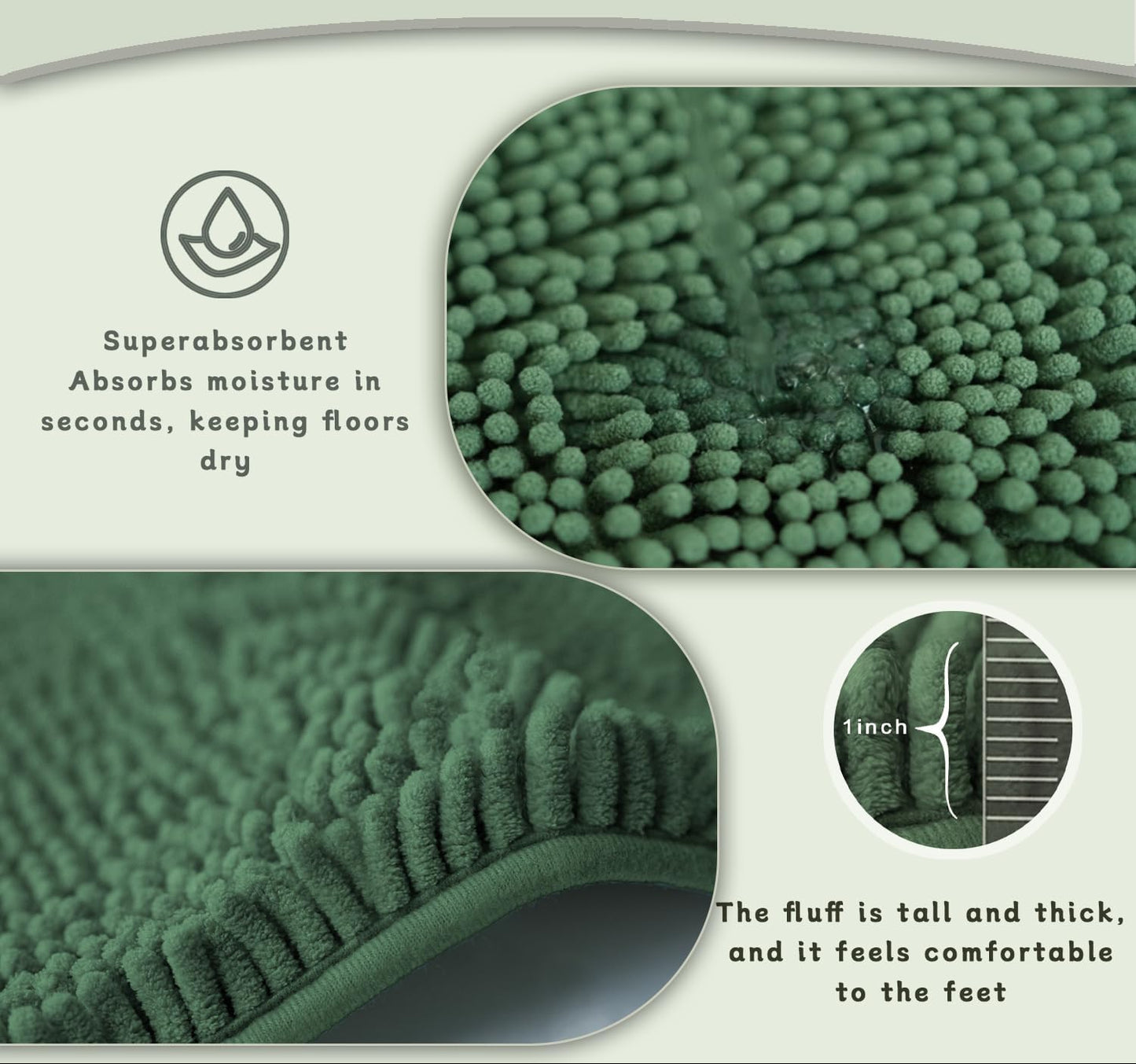 Dluxe Ave. AINAHYVA Bathroom Rugs Sets 2 PieceSuper Absorbent Chenille Rugs and Strong PVC Non-Slip Bathrooms16×24+20×32 (Dark Green)