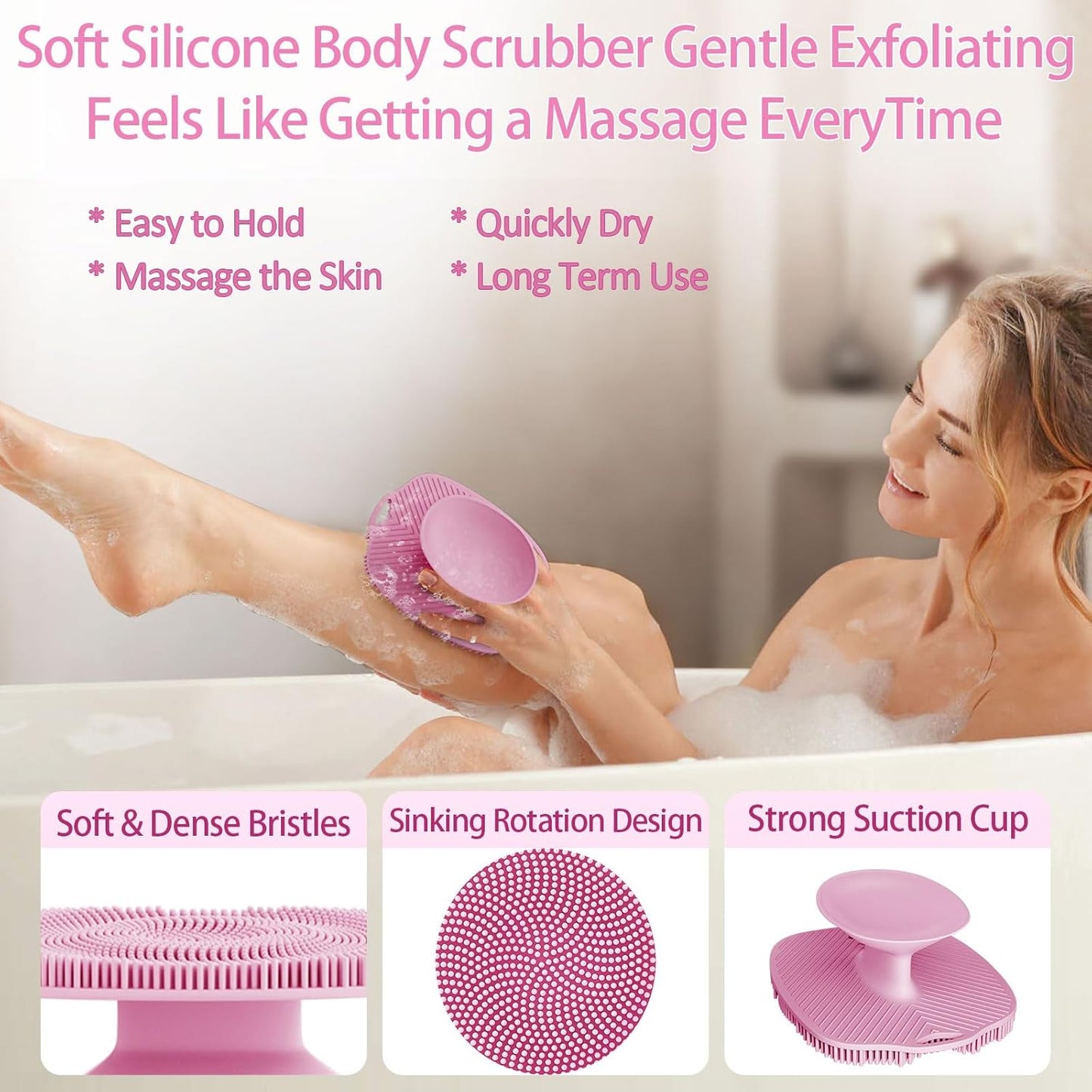 Dluxe Ave. Soft Silicone Body Scrubber/ Lather Easily/ Large Suction Cup (Pink)