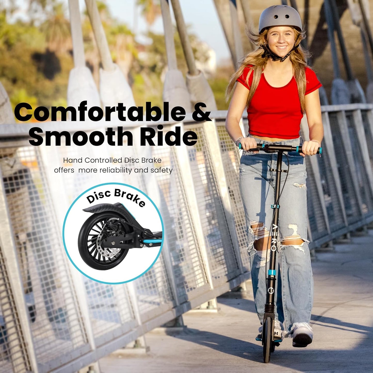 Dluxe Ave. Two Wheels Kick Scooter for Big Kids Ages 8-12 Teens and Adults. Non-Electric Scooters with Disc Brake Rubber Mat Double Shock Absorption Max 250 lbs Foldable and Height Adjustable