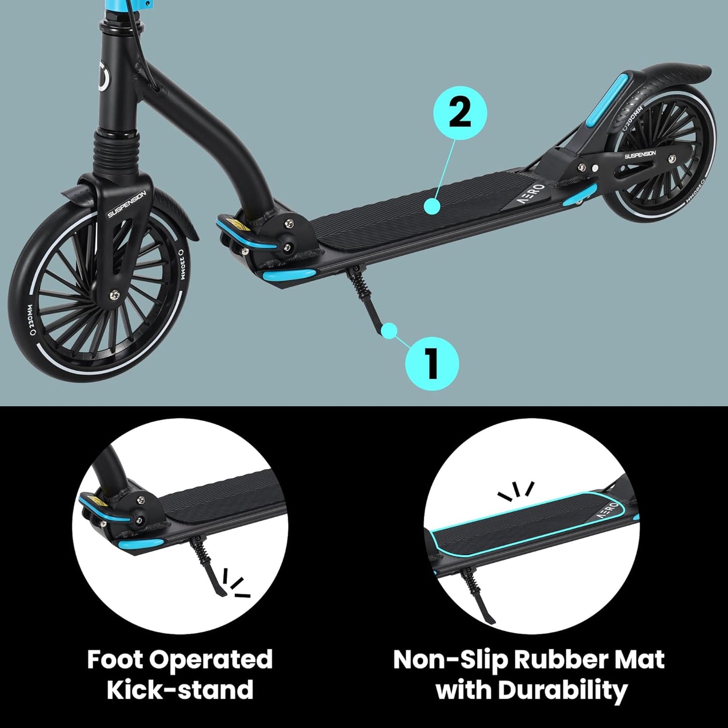Dluxe Ave. Two Wheels Kick Scooter for Big Kids Ages 8-12 Teens and Adults. Non-Electric Scooters with Disc Brake Rubber Mat Double Shock Absorption Max 250 lbs Foldable and Height Adjustable