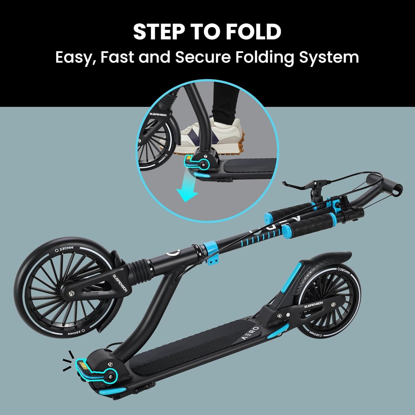 Dluxe Ave. Two Wheels Kick Scooter for Big Kids Ages 8-12 Teens and Adults. Non-Electric Scooters with Disc Brake Rubber Mat Double Shock Absorption Max 250 lbs Foldable and Height Adjustable