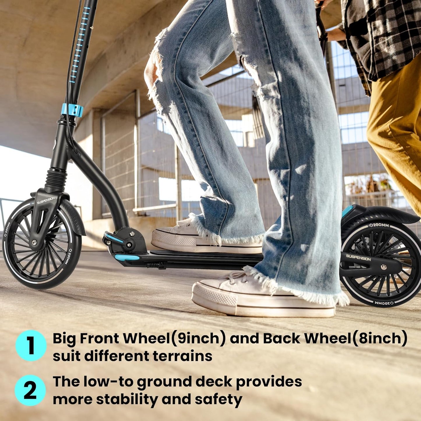 Dluxe Ave. Two Wheels Kick Scooter for Big Kids Ages 8-12 Teens and Adults. Non-Electric Scooters with Disc Brake Rubber Mat Double Shock Absorption Max 250 lbs Foldable and Height Adjustable