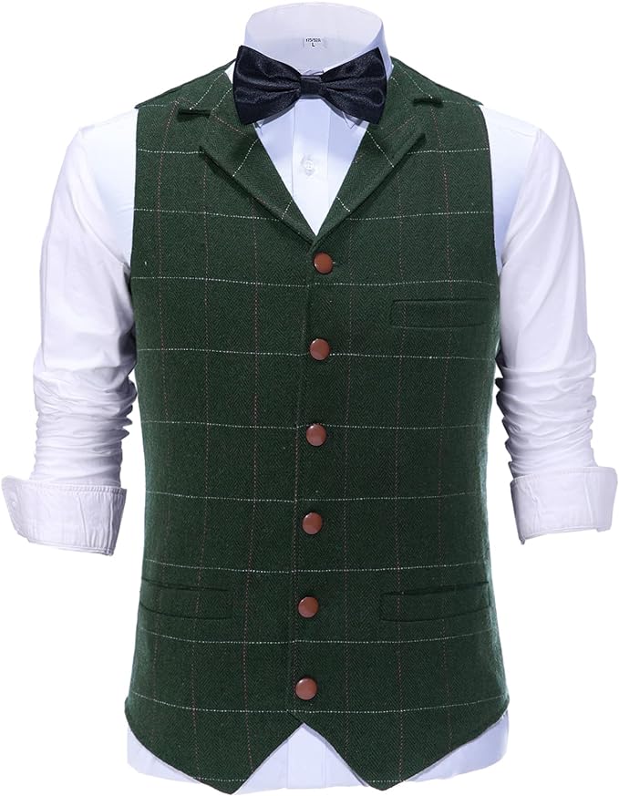 Dluxe Ave. (SMALL) Casual Mens Vest/  Plaid Soft Wool Tweed/ Waistcoat / Green