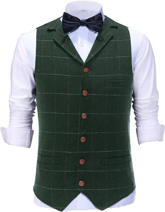 Dluxe Ave. (SMALL) Casual Mens Vest/  Plaid Soft Wool Tweed/ Waistcoat / Green