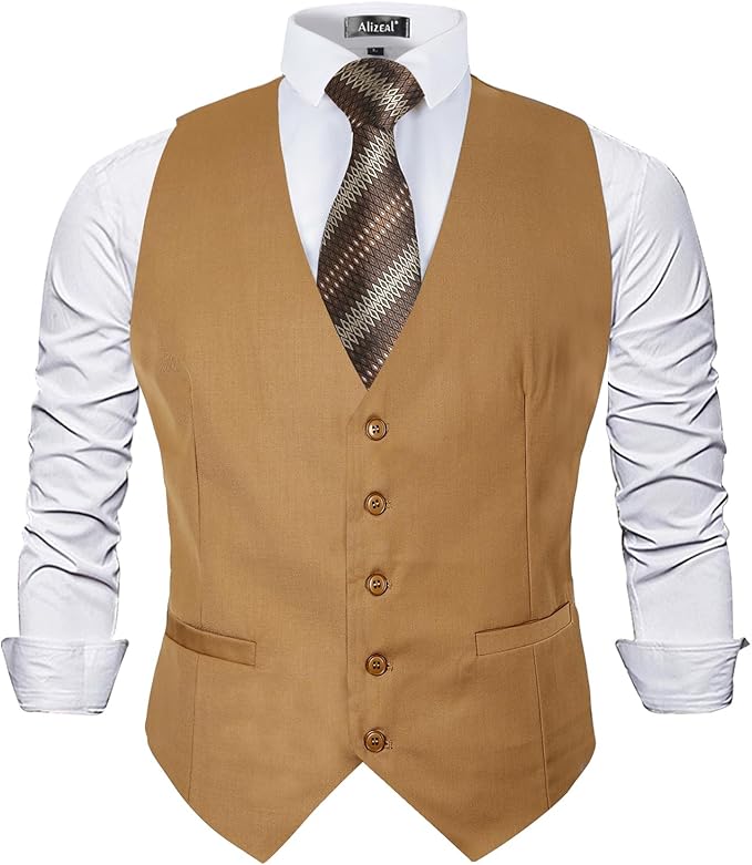 Dluxe Ave. (MEDIUM) Mens Classic Solid Color Formal Business Suit Vest/ Regular Fit Waistcoat with 5 Buttons/ Khaki