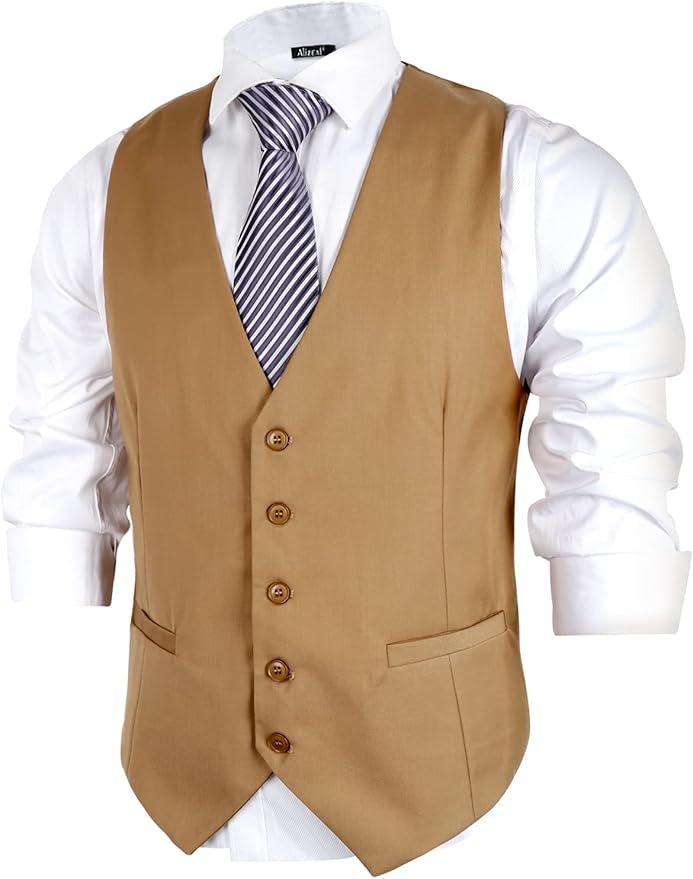 Dluxe Ave. (MEDIUM) Mens Classic Solid Color Formal Business Suit Vest/ Regular Fit Waistcoat with 5 Buttons/ Khaki