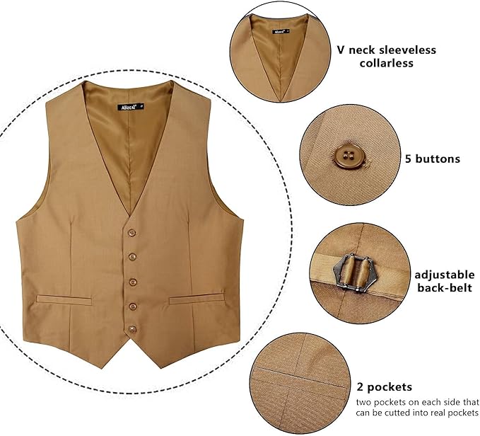 Dluxe Ave. (MEDIUM) Mens Classic Solid Color Formal Business Suit Vest/ Regular Fit Waistcoat with 5 Buttons/ Khaki