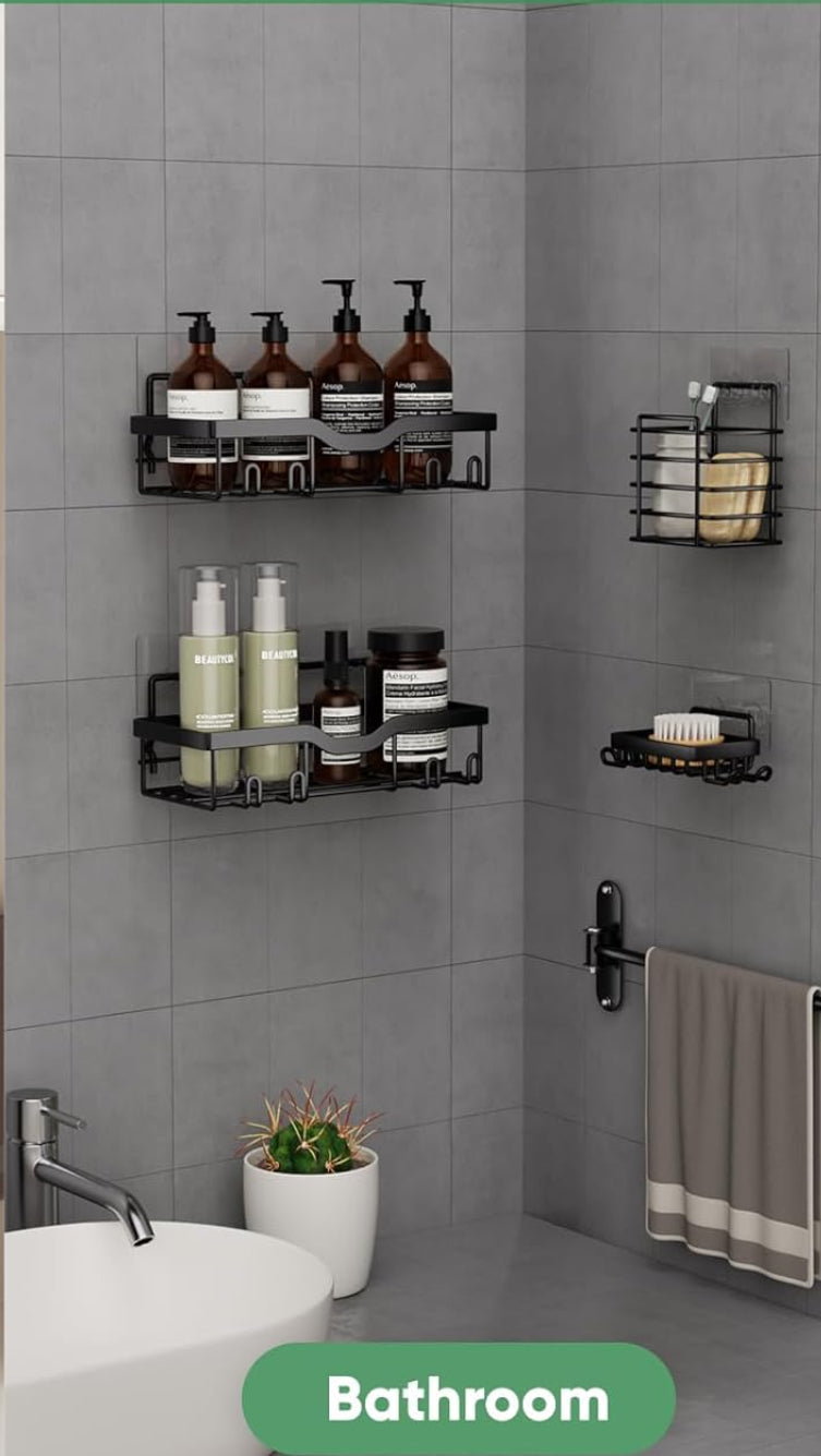Dluxe Ave. Shower Caddy Adhesive, 5 Pack Rustproof Stainless Steel, 12 Hooks, Large Capacity No Drilling Shelves