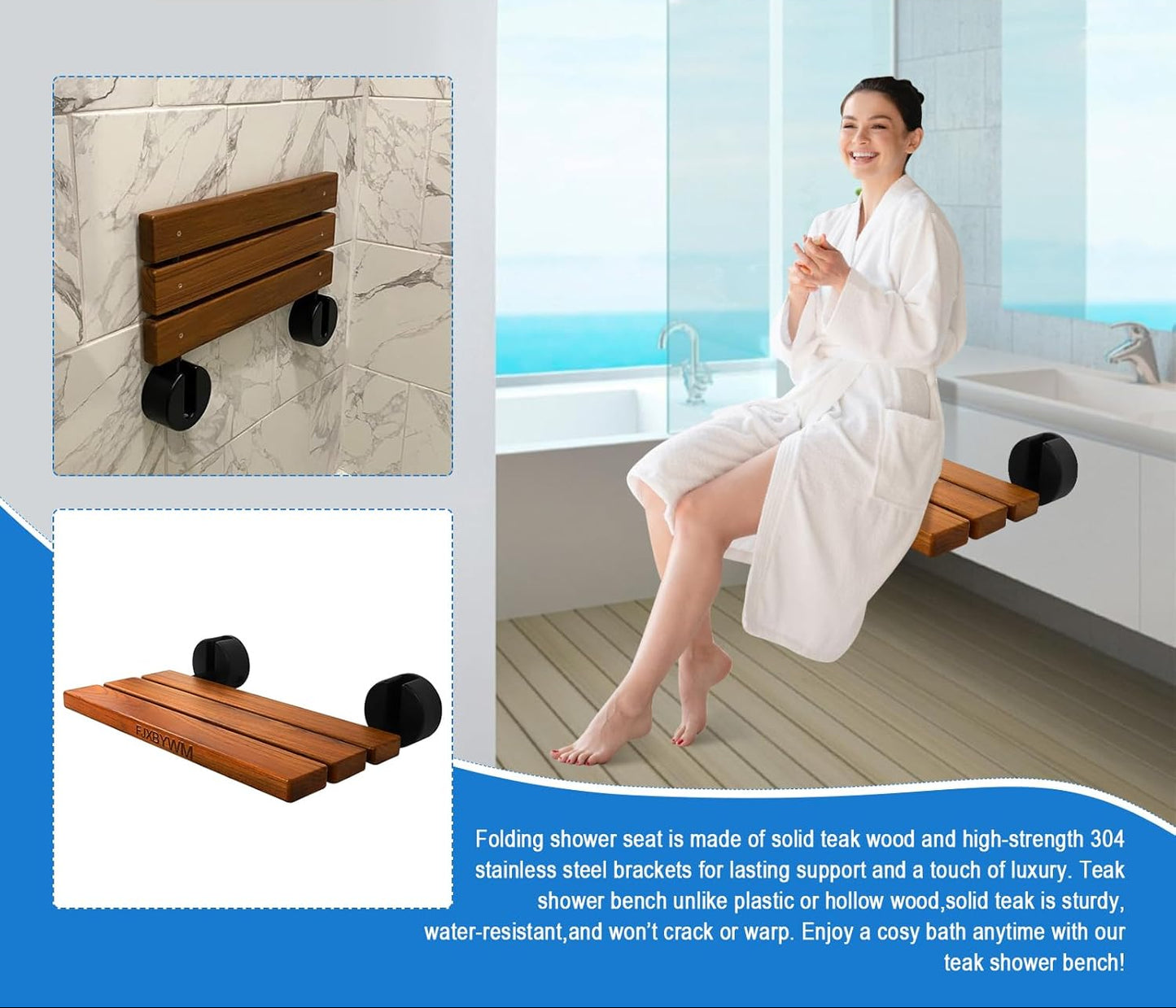 Dluxe Ave. Folding Teak Shower seat, Wall Mounted
