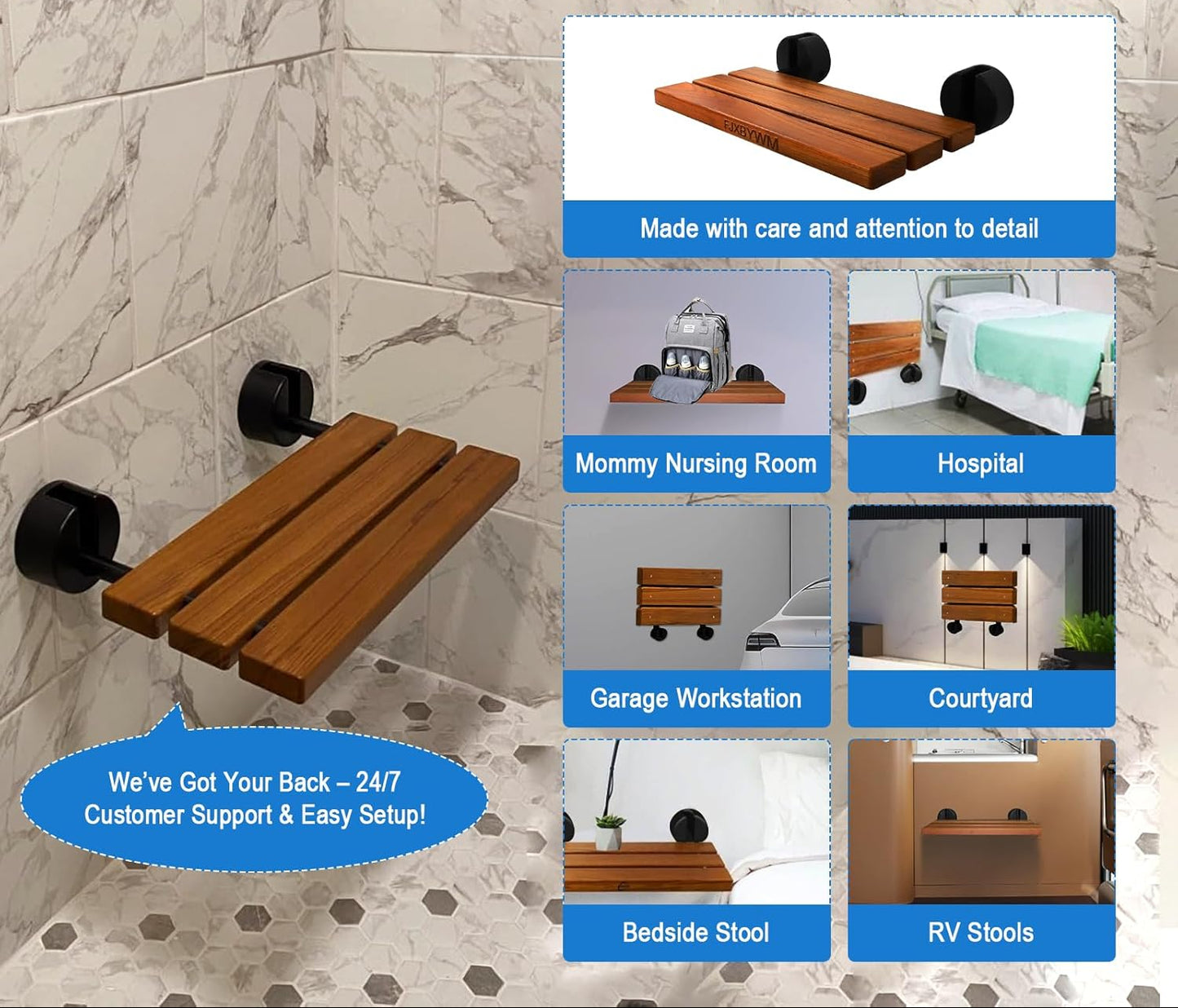 Dluxe Ave. Folding Teak Shower seat, Wall Mounted