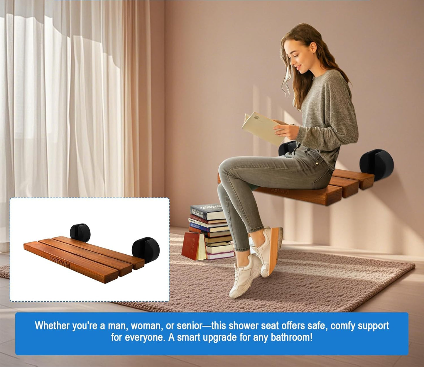 Dluxe Ave. Folding Teak Shower seat, Wall Mounted