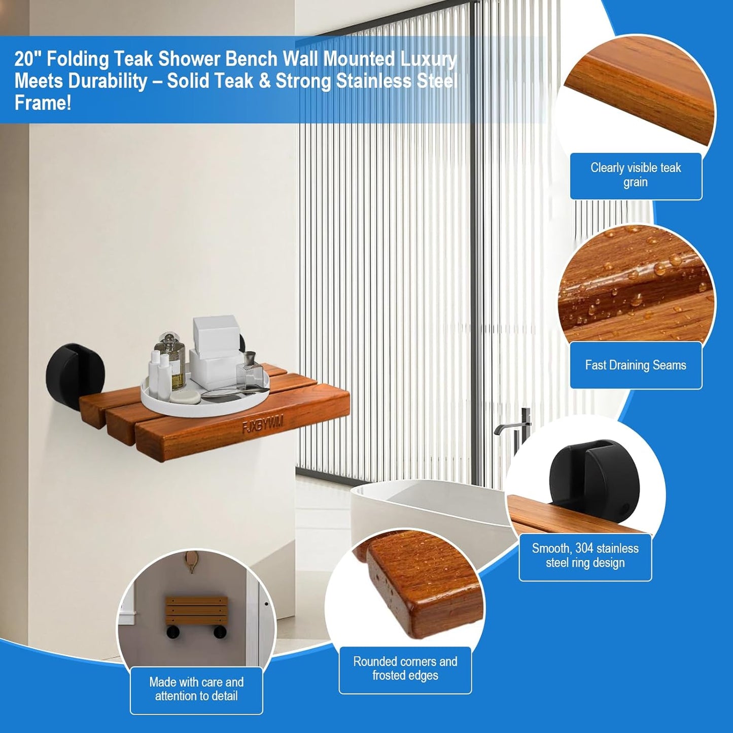 Dluxe Ave. Folding Teak Shower seat, Wall Mounted