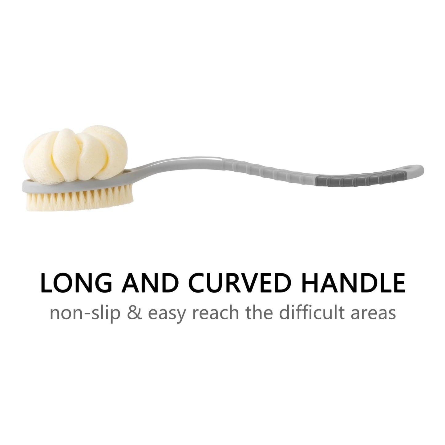 Dluxe Ave. Shower Body Brush with Bristles and Large Loofah/ Back Scrubber/ Mesh Sponge with Anti-Slip Curved Long Handle (White)