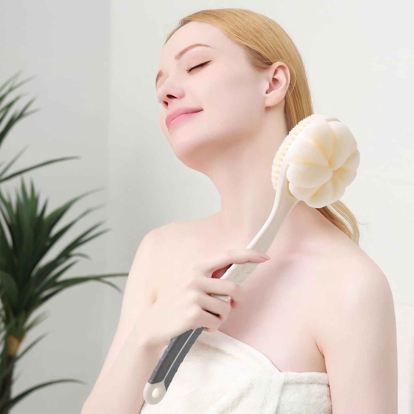 Dluxe Ave. Shower Body Brush with Bristles and Large Loofah/ Back Scrubber/ Mesh Sponge with Anti-Slip Curved Long Handle (White)