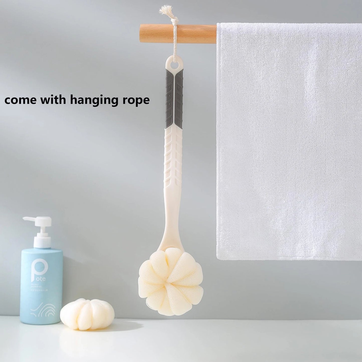 Dluxe Ave. Shower Body Brush with Bristles and Large Loofah/ Back Scrubber/ Mesh Sponge with Anti-Slip Curved Long Handle (White)