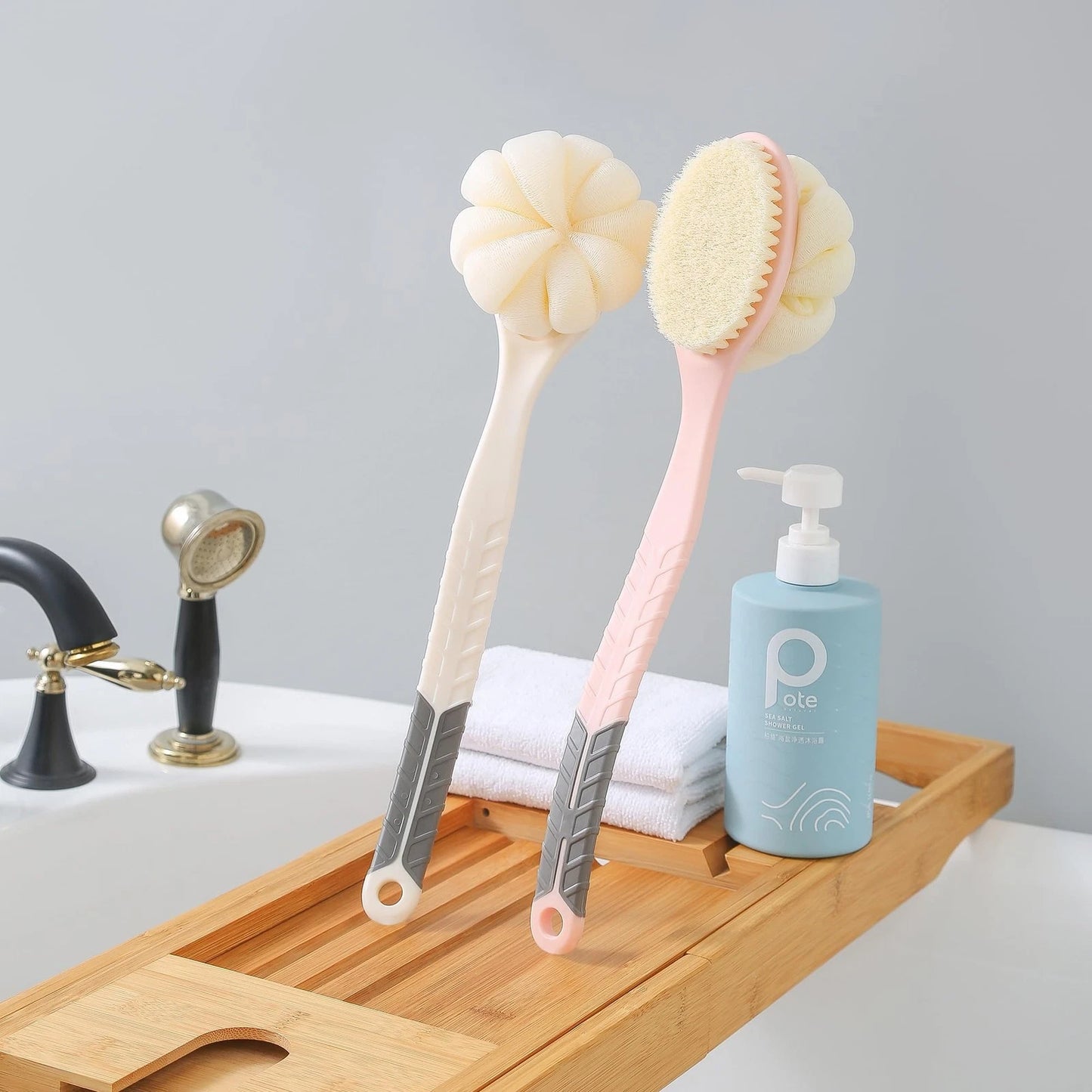 Dluxe Ave. Shower Body Brush with Bristles and Large Loofah/ Back Scrubber/ Mesh Sponge with Anti-Slip Curved Long Handle (White)