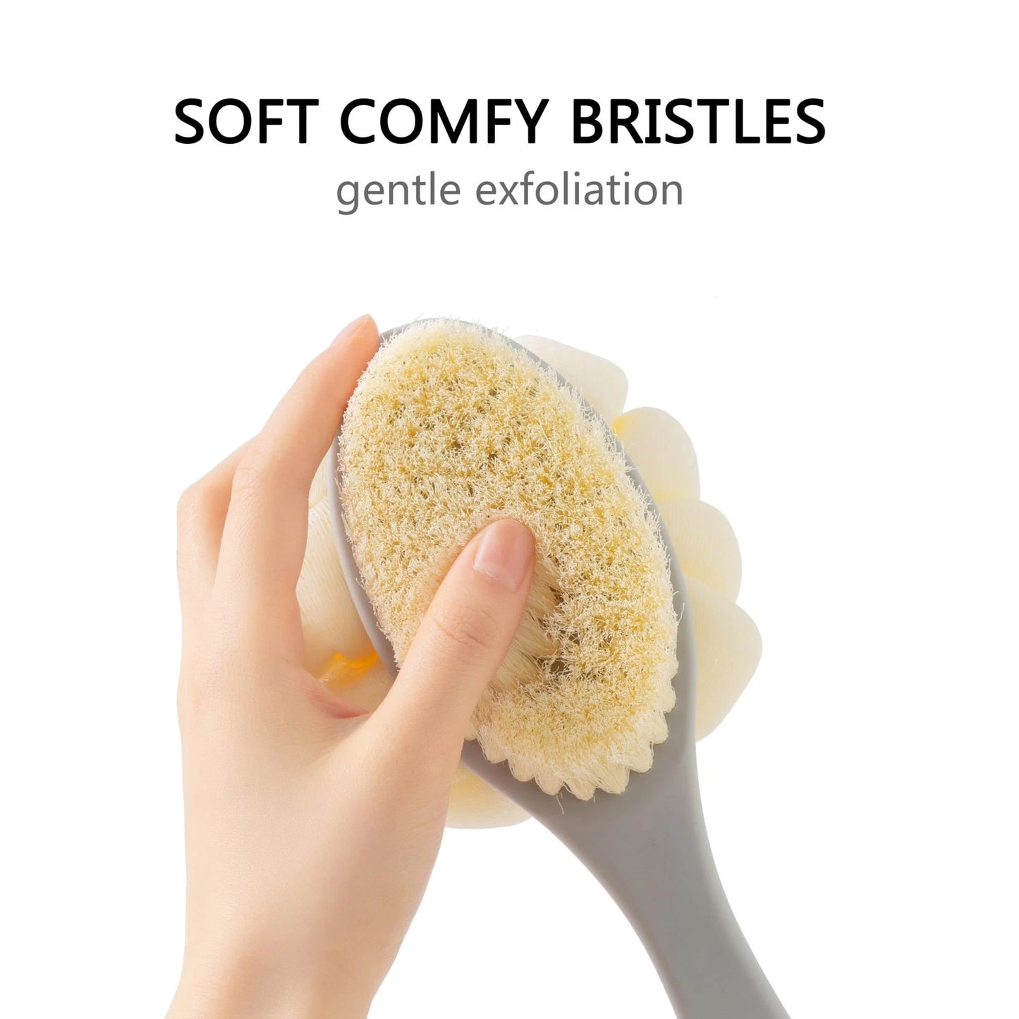 Dluxe Ave. Shower Body Brush with Bristles and Large Loofah/ Back Scrubber/ Mesh Sponge with Anti-Slip Curved Long Handle (White)