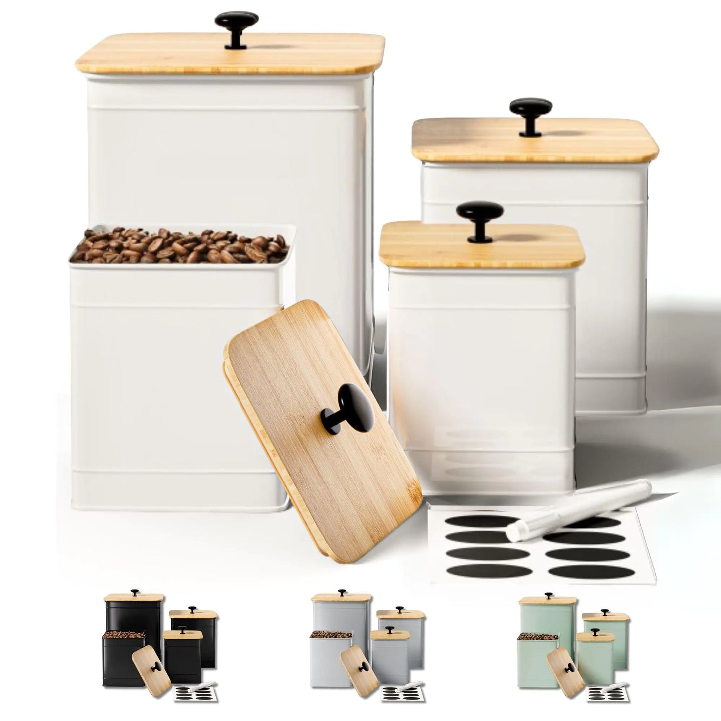 Dluxe Ave. Kitchen Canisters for Countertop Set of 4 with Customizable Chalkboard Labels & Marker Pen - Big Iron Kitchen Canisters with Airtight Lids - Canisters Sets for the Kitchen - White Kitchen Canister Set